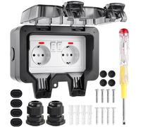 Enchufe Exterior Impermeable IP66, Enchufe Doble Exterior, Enchufe Exterior Estanco con Interruptor Conector de Cable y Tapa Abatible Enchufes Estancos para Cocina Baño Garaje Piscina y Jardín, Negro