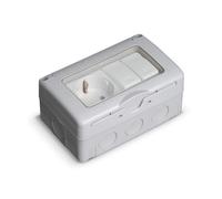 Enchufe IP55 con doble conmutador, resistente al agua, ideal para instalaciones exteriores y control de luz en espacios húmedos.
