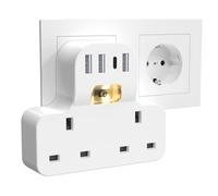 Enchufe múltiple con USB (3 puertos USB-A + USB-C), adaptador de enchufe de 2 enchufes UK a UE para dormitorio y oficina, color blanco, 3250 W/13 A