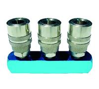 Enchufe rápido con 3 salidas | Acoplador Hembra con rosca hembra BSP 3/8" para instalaciones neumáticas | Conector rápido tipo europeo para mangueras neumáticas