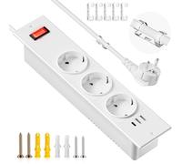 Enchufe retráctil con USB, 3 enchufes empotrables con USB C y 2 A, Enchufe de Mesa con Interruptor Principal, regleta con 3 USB, Cable de 1,5 m, Color Blanco con 5 Pinzas para Cables, para Cocina,