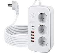 Enchufe retráctil de 3 enchufes, regleta con 4 USB, Enchufe de Mesa con 2 USB C, empotrable con Interruptor para Mesa de Escritorio, Cable de 2 m, Color Blanco