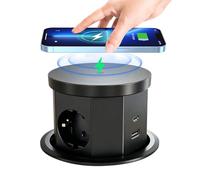 Enchufe Retráctil de 3 Enchufes, Regleta Empotrable Mesa con 15W de Carga Inalámbrica, USB C y USB A, Toma Empotrable Escritorio para Oficia, Casa y Cocina, Cable de 1,5M