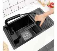 Encimera de cocina de acero inoxidable con fregadero de cristal oculto, mini lavabo individual (70 x 40 cm) para ahorrar espacio y diseño moderno