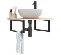 Encimera de Lavabo con Soporte de Acero y Roble Macizo, Diseño Rectangular, Mueble Bajo Lavabo, Armario Baño Auxiliar, Requiere Montaje, Para Baño y Aseo, Color Marrón Claro y Negro, 60 x 50 x 2 cm