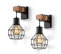 ENCOFT 2pcs Lámpara de Pared de Interior Jaula, Industrial Aplique de Pared en Metal y Madera, Vintage Luz Iluminación de Pared E27 Base para Sala de Estar Dormitorio Comedor, Negro Sin Bombilla