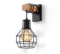 ENCOFT Lámpara de Pared de Interior Jaula, Industrial Aplique de Pared en Metal y Madera, Vintage Luz Iluminación de Pared E27 Base para Sala de Estar Dormitorio Comedor, Negro Sin Bombilla