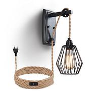 ENCOFT Lámpara de Pared Industrial Enchufable con Jaula, Aplique de Pared Vintage con Cable de 4m y Interruptor, en Metal y Cuerda de Cáñamo, Iluminación Interior E27 Negro para Dormitorio