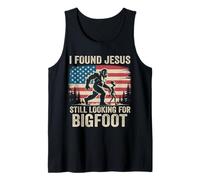 Encontré a Jesús todavía Buscando Bigfoot Retro American Flag Camiseta sin Mangas