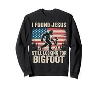 Encontré a Jesús todavía Buscando Bigfoot Retro American Flag Sudadera