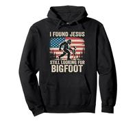 Encontré a Jesús todavía Buscando Bigfoot Retro American Flag Sudadera con Capucha