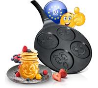 endusor Sartén tortitas y pancakes para niños con motivo smiley | Sarten (26cm) con 4 hoyos y protección antiadherente | Todo tipo de cocinas e inducción | Sartén divida para panquecas tortitas