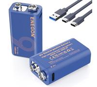 ENEGON 2 Paquetes Batería Recargable 9V 5000mWh (1350mAh) con Carga Type-C, Carga Completa en 3 Horas, Indicador LED, Batería Li-Ion de Alta Capacidad para Detectores de Humo, Timbres y más