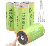 ENEGON 4 Pilas Recargables D de Litio de 1,5 V Tipo C (5 V Carga), 12580 mWh, LR20 con Indicador de Carga, Incluye 1 a 4 Cables de Carga, para Lámparas Camping, Radios, Juguetes, Calentador A Gas