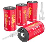ENEGON Juego de 4 Pilas D Recargables - 9250 mWh 1,5 V de Litio con Cable de Carga USB-C para lámparas de Camping, Luces LED y Juguetes