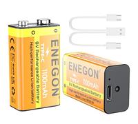 ENEGON Pack de 2 baterías 9V 1100mAh Recargables por USB-C con Carga rápida - Alto Rendimiento para Guitarras, Dispositivos de iluminación LED, detectores de Humo, micrófonos y más.