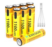 ENEGON Pack de 8 Pilas Recargables AAA 1100mWh, Voltaje Constante 1,5V, con Cable USB-C 1-a-4, Carga 5V/2A, más de 500 Ciclos, para Mandos a Distancia, Termómetros Infrarrojos y Afeitadoras Eléctricas