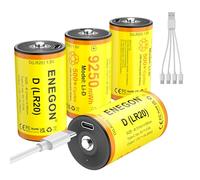 ENEGON Paquete de 4 Pilas D Recargables - 9250 mWh de Iones de Litio de 1,5 V LR20 con Cable USB-C (Carga 5V), para Coches de Juguete Teledirigidos, Luces de Camping, Luces LED Portátiles