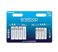 eneloop, Pilas Recargables AA/Mignon + AAA/Micro, Paquete de 8, Capacidad de mín. 2500 + 800 mAh, Pilas Ni-MH, Listas para Usar, Recargables hasta 2000 Veces, Embalaje sin plástico, Standard, Blancas