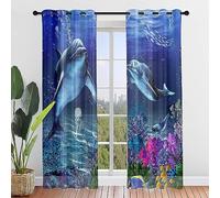 ENEN Cortinas Dormitorio, Cortinas Salon Modernas 2 Piezas, Mundo Submarino Translucidas Cortinas Cocina, Visillos Cortos Ventanas para Habitación Infantil (140x213cm,Fondo del mar)
