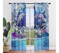 ENEN Cortinas Dormitorio, Cortinas Salon Modernas 2 Piezas, Mundo Submarino Translucidas Cortinas Cocina, Visillos Cortos Ventanas para Habitación Infantil (132x182cm,Muro)