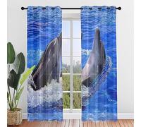 ENEN Cortinas Dormitorio, Cortinas Salon Modernas 2 Piezas, Mundo Submarino Translucidas Cortinas Cocina, Visillos Cortos Ventanas para Habitación Infantil (107x244cm,Agua)