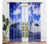 ENEN Cortinas Dormitorio, Cortinas Salon Modernas 2 Piezas, Mundo Submarino Translucidas Cortinas Cocina, Visillos Cortos Ventanas para Habitación Infantil (80x115cm,Navegar)