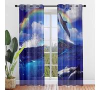 ENEN Cortinas Dormitorio, Cortinas Salon Modernas 2 Piezas, Mundo Submarino Translucidas Cortinas Cocina, Visillos Cortos Ventanas para Habitación Infantil (107x160cm,Arcoíris)
