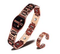 EnerCoppeX 99,99 % cobre puro con combinación magnética (pulsera y anillo) que representa la buena bendición de Jesucristo, cruz cristiana, bolsa de regalo (D)