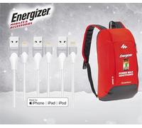 Energizer - Lote de 3 cables Lightning de 1,2 m - Carga y sincronización (2,4 A/480 Mbps) para smartphones Apple + mochila de 10 l