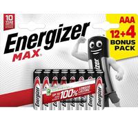 Energizer - MAX, Pack de 12+4 Pilas AAA, Larga duración para Uso Cotidiano, sin sulfataciones y con 10 años de Vida útil
