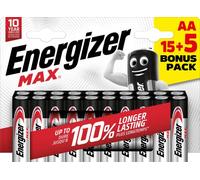 Energizer - MAX, Pack de 15+5 pilas AA, larga duración para uso cotidiano, sin sulfatación y 10 años vida útil
