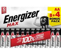 Energizer - Max, Pack de 8+4 Pilas AA, Larga duración para Uso Cotidiano, sin sulfataciones y con 10 años de Vida útil