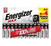Energizer - Max, Pack de 8+4 Pilas AA, Larga duración para Uso Cotidiano, sin sulfataciones y con 10 años de Vida útil