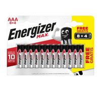 Energizer - MAX, Pack de 8+4 pilas AAA, larga duración para uso cotidiano, sin sulfatación y 10 años vida útil