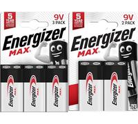 Energizer Max - Pila 9V Alcalinas (Paquete de 5) - Baterías de 9 Voltios | para Detector de Humo/monóxido de Carbono, electrónica y Audio - Construcción 100% a Prueba de Fugas - 5 años de Vida útil