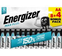 Energizer - Max Plus, Pack de 8+4 Pilas AA 1,5V, Más Potencia y Larga duración para Uso Cotidiano, sin sulfatación y Mantiene Carga 12 años