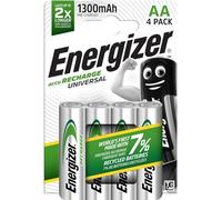 Energizer Recharge Universal - Pila Recargable AA (Paquette de 4) Batería 1350 mAh NiMH - precargada - para dispositivos uso frecuente y cientos de recargas - Embalaje 100 % reciclable y sin plástico