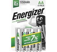 Energizer Recharge Universal - Pila Recargable AA (Paquette de 4) Batería 1350 mAh NiMH - precargada - para dispositivos uso frecuente y cientos de recargas - Embalaje 100 % reciclable y sin plástico