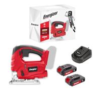 Energizer - Sierra de calar inalámbrica 20 Voltios - 2300 OPM, corte madera 80 mm/metal 6 mm - Incluye 2 baterías 20V 2AH + cargador - Cambio rápido de hoja sin herramientas, conexión para aspiració