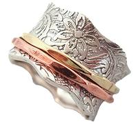 Energy Stone Equilibrio y belleza - Anillo de meditación con motivo de hojas - Con aros de latón y cobre giratorios a su alrededor - Plata de ley - (Modelo 88)