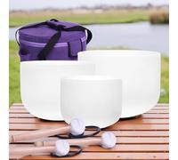 ENERGYSOUN - Juego de 3 cuencos de cristal de cuarzo esmerilado de 432 Hz con tono perfecto para chakras, 28 cm de profundidad y 22,7 cm