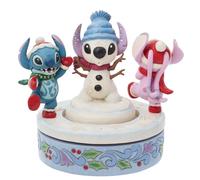 Figura decorativa enesco disney stitch y angel con muñeco de nieve rotativo