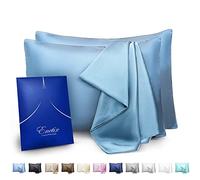 ENETIX - Juego de 2 Fundas de Almohada de satén de Seda de Lujo para cuidar el Cabello y la Piel, con Cremallera Oculta, antiacné, con Paquete de Regalo, de tamaño Queen (50 x 76 cm), Azul