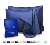 ENETIX - Juego de 2 Fundas de Almohada de satén de Seda de Lujo para cuidar el Cabello y la Piel, con Cremallera Oculta, antiacné, con Paquete de Regalo, de tamaño Queen (50 x 76 cm), Azul Marino