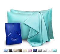 ENETIX - Juego de 2 fundas de almohada de satén de seda de lujo para cuidar el cabello y la piel, con cremallera oculta, antiacné, con paquete de regalo, de tamaño queen (50 x 76 cm), color turquesa