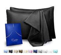 ENETIX - Juego de 2 fundas de almohada de satén de seda de lujo para cuidar el cabello y la piel, con cremallera oculta, antiacné, con paquete de regalo, de tamaño queen (50 x 76 cm), color negro