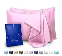 ENETIX - Juego de 2 Fundas de Almohada de satén de Seda de Lujo para cuidar el Cabello y la Piel, con Cremallera Oculta, antiacné, con Paquete de Regalo, de tamaño Queen (50 x 76 cm), Rosa