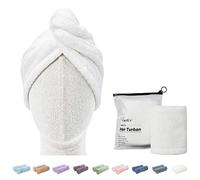 Enetix. Juego de 2 toallas para el pelo de microfibra, para mujer, 25,4 x 68,5 cm, turbante para el pelo muy absorbente, antiencrespamiento, toallas para el pelo de secado rápido con botón (blanco)