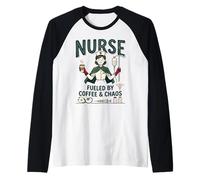 Enfermera Vintage Impulsado por Café & Caos RN Médico Camiseta Manga Raglan